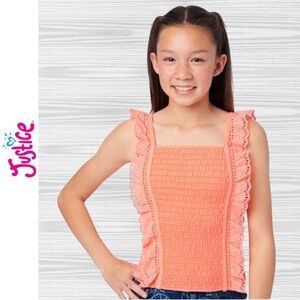 Justice Girl Knit Eyelet Smocked Bright Coral Eyelet Ruffle Stretch Cotton Tank